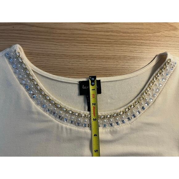 La Vayna Cream Beaded Jeweled Flattering Scooped Round Neck Sweater Blouse PL - Picture 7 of 8